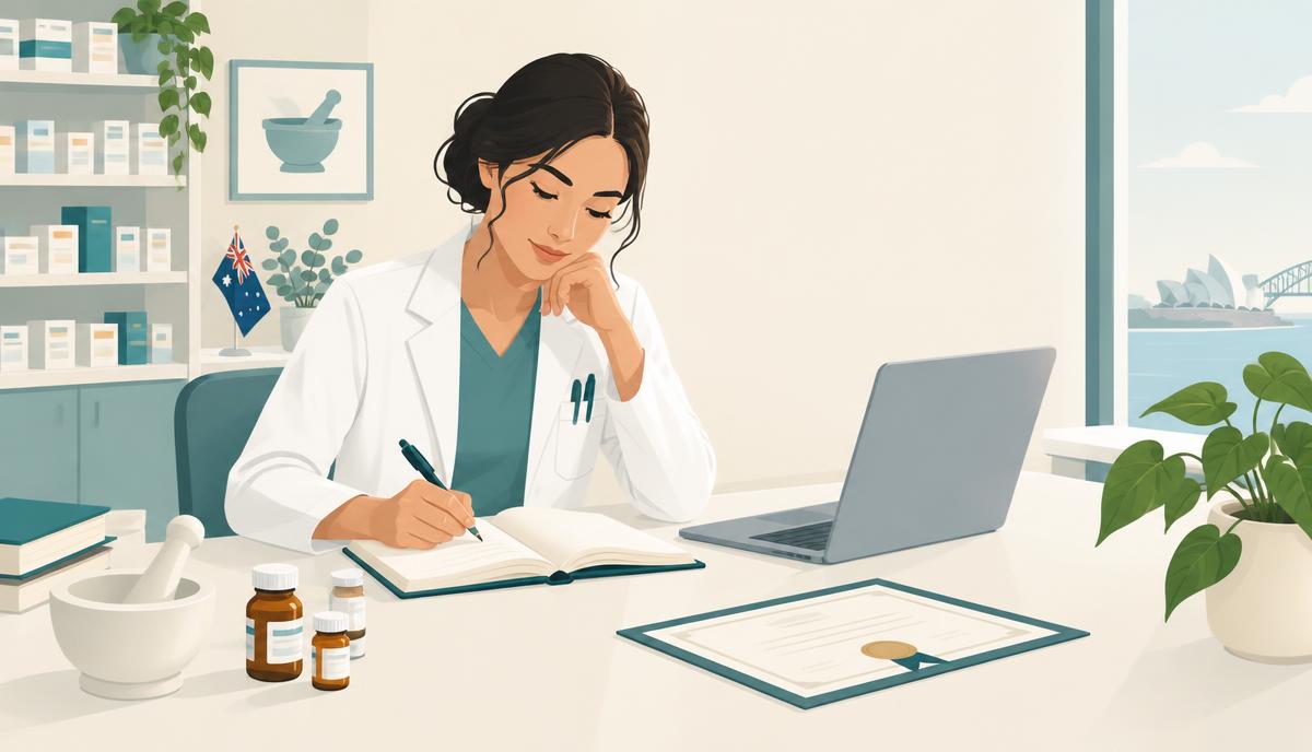 A pharmacist writing reflections in a notebook beside a laptop and a completion certificate